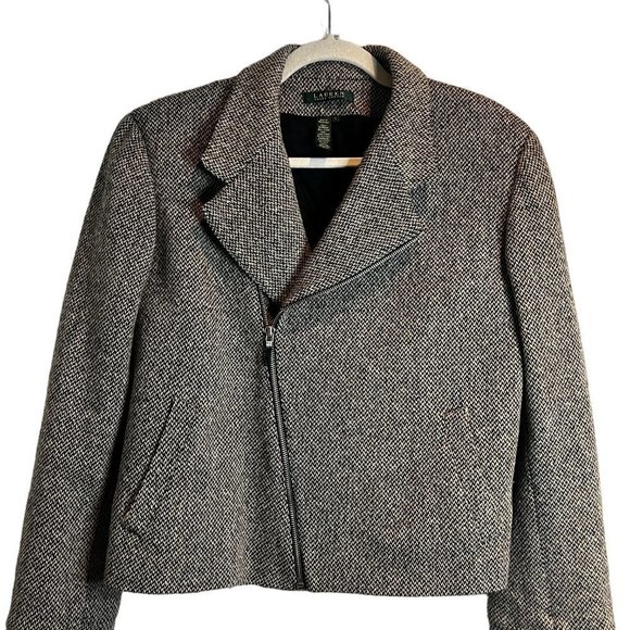 Ralph Lauren Checkered Wool Mini Coat Moto Zip - Picture 2 of 6